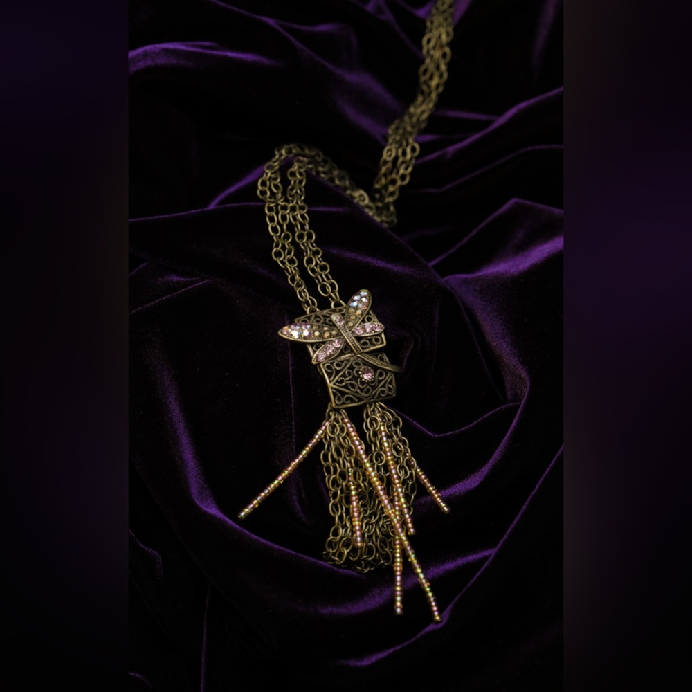 Dragonfly metal, gemstones and beaded necklace.